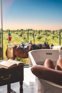 a bath tub with a bottle of wine and a table with a book at Chateau Vartsikhe in Varts'ikhe