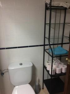 baño con aseo y estante de papel higiénico en Apartamento Mateos 50 por ciento dcto directo, en Murcia