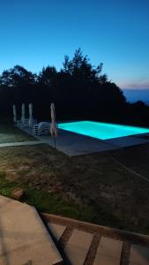 a swimming pool with a green light in a yard at Panorama Budești in Budeşti