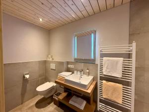 a bathroom with a sink and a toilet at Pension Möslehnerhof in Ramsau am Dachstein +88 photos