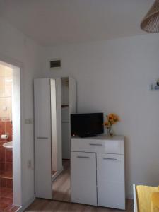 a living room with a white refrigerator and a television at ApartmaniNET in Krašići