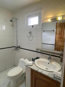 a bathroom with a sink and a toilet and a mirror at Sost Embassy Hotel By Zeez in Khudābād