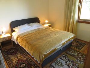 a bedroom with a large bed with two lamps at Guest house Pribojska Banja in Pribojska Banja