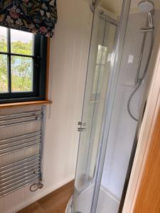 a shower in a bathroom with a window at Shepherds Hut in St Austell