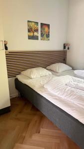 two beds in a bedroom with two posters on the wall at Vorbasse Holiday Apartments in Vorbasse