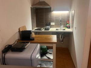 a small kitchen with a sink and a refrigerator at Princeps De Cura Traditional in Symi +10 photos