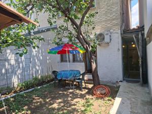 a table with a colorful umbrella next to a tree at Roof - Holiday Home in Gjakove