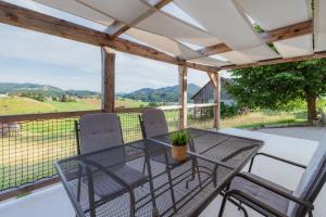 a table and chairs on a patio with a view at Hiša pri Lipi in Pristava pri Mestinju +44 photos