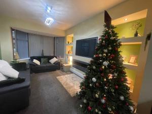 a living room with a christmas tree in front of a television at Silverhill in Bradford