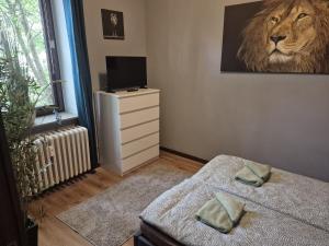 a bedroom with a bed and a lion picture on the wall at Flensburg City 4 1 in Flensburg