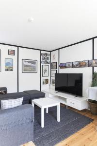 ein Wohnzimmer mit Sofa und Fernseher in der Unterkunft Java Themed flat near Zoo in Aalborg