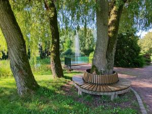 a bench sitting between two trees in a park at ParkNest - Apartment am Kurpark in Bad Klosterlausnitz