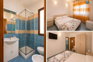 two pictures of a bathroom with a bed and a shower at Albergo Villamarina in Santa Teresa Gallura