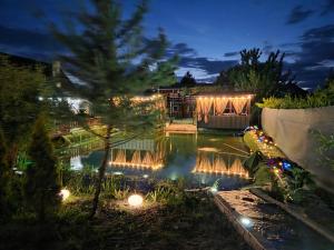 a garden at night with a pond with lights at Sadyba u Gansa in Svityazʼ
