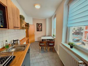 a kitchen with a sink and a table at Pension J&M in Meißen