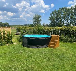 a bath tub in a yard with stairs and a pool at Srub u Hadiny in Pelhřimov