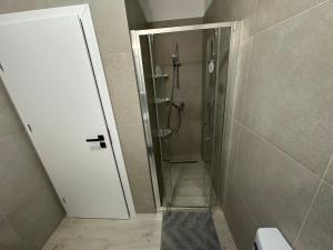 a bathroom with a shower with a glass door at Apartament Meraki Resort&Spa in Năvodari