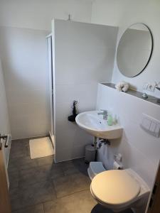 a bathroom with a sink and a toilet and a mirror at Ferienhaus am Bethlehem Kanal in Papenburg +8 photos