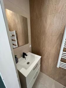 a bathroom with a white sink and a mirror at L'Echappée Verte Climatisée in Marvejols
