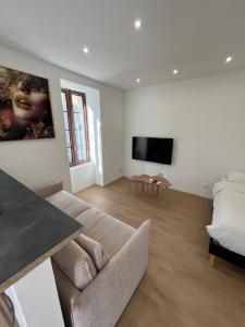 a living room with a couch and a flat screen tv at L'Echappée Verte Climatisée in Marvejols +1 photo