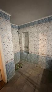 a bathroom with blue and white tiled walls and a shower at Stara Praha Loft Rooms in Uzhhorod +9 photos