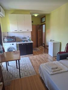 a room with a kitchen and a living room at Apartmani Lazić No 5 in Gracanica