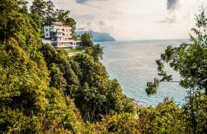 a building on the side of a hill next to the water at Hotel Montana in Sarpi