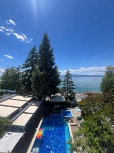 an overhead view of a swimming pool with trees and the ocean at Villa Dionis in Ohrid