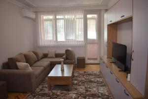 a living room with a couch and a tv at Апартамент за гости Лале in Lovech