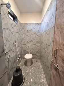 a bathroom with a toilet and a shower at Hotel Madhav Palace in Māndvi +11 photos