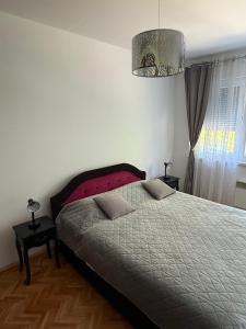 a bedroom with a bed and a chandelier at Stan na dan Novi Grad in Bosanski Novi