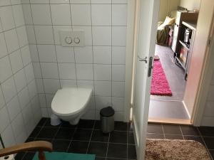 a bathroom with a toilet in a room at Fagertun in Lillesand