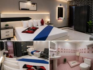 a hotel room with a bed and a bathroom at Shelton Royal Hotel in Multan