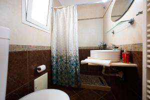 a bathroom with a shower and a toilet and a sink at Villa Muses in Poros +51 photos
