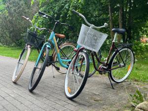 two bikes parked next to each other on a sidewalk at Babite Quiet Apartment in Babīte +4 photos