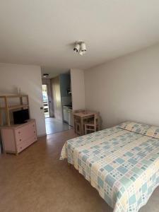 a bedroom with a bed and a dresser and a television at Studio ensoleillé avec piscine in Cazaubon