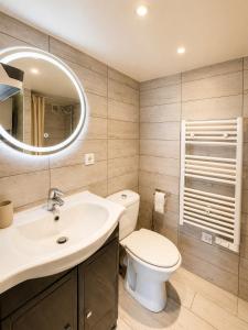 a bathroom with a toilet and a sink and a mirror at Charming Duplex by Vincennes Castle in Vincennes +6 photos