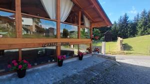 ein Gebäude mit Topfblumen davor in der Unterkunft Chalet Alina in Borşa