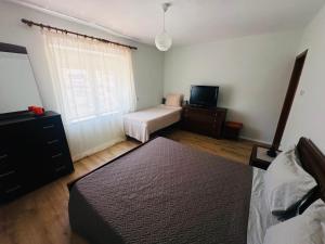 a bedroom with two beds and a television in it at Mollys apartment 1 in Pogradec