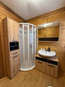 a bathroom with a shower and a sink at Appartamento Val Di Roda in San Martino di Castrozza