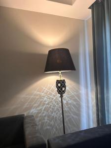 a lamp in a living room next to a couch at 1 BHk, Bed Hall Kitchnett in Lahore