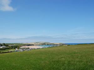 a green field with a beach and the ocean at Treyarnon in Saint Merryn