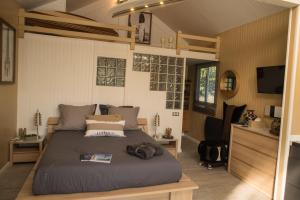 1 dormitorio con 1 cama, TV y escritorio en MAROSENIA TTIKI - Cabanes et Spa, en Ascain