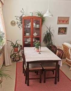a dining room with a table and a cabinet with plants at Maribo Street Home in Kaskö