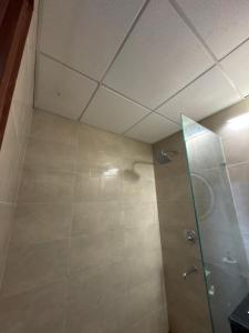 a bathroom with a shower with a glass door at Velvet stay in Lucknow