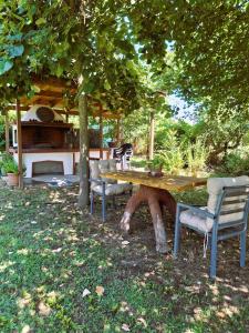 a wooden table and chairs under a tree at Avli Cozy Home in Karditsomagoúla