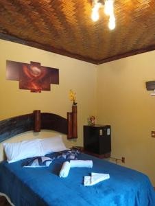 a bedroom with a blue bed and a tv at Pousada Canto do Sossego in Brumadinho