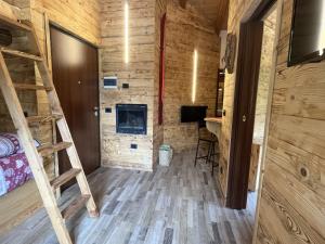 a room with a ladder and a fireplace in a log cabin at Appartamento Grande Cervino - Il Lupo Affitta in Antey-Saint-André