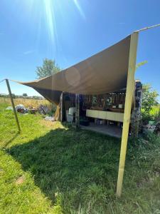 a tent in the grass in front of a library at Lagom - Logeren in 't groen in Nieuwerkerken +9 photos