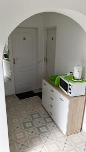 a kitchen with a microwave on top of a counter at Noclegi U Renaty Solina in Solina